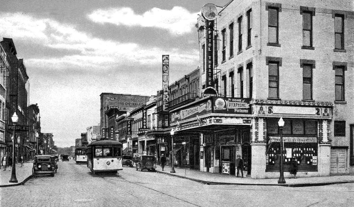movie theater, Motorized Vehicles, Main Streets & Town Squares, car, storefront, Iowa History, Lemberger, LeAnn, Cities and Towns, Ottumwa, IA, Iowa, Businesses and Factories, trolley, history of Iowa