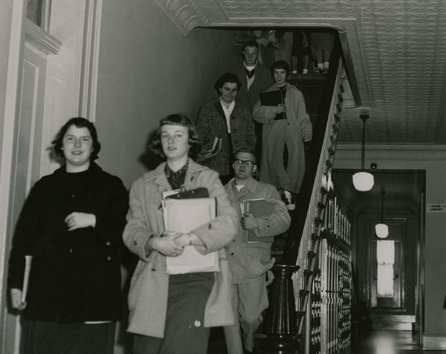 hairstyle, coat, history of Iowa, stairs, uni, Iowa, university of northern iowa, Iowa History, iowa state teachers college, Cedar Falls, IA, UNI Special Collections & University Archives, Schools and Education