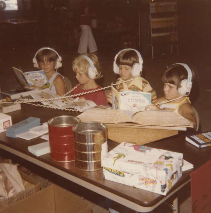 IA, Photos, Children, reading, history, Iowa, correct date needed, children, Waverly, Waverly Public Library, headphones, United States, Schools and Education, ia, classroom, historic, Bremer