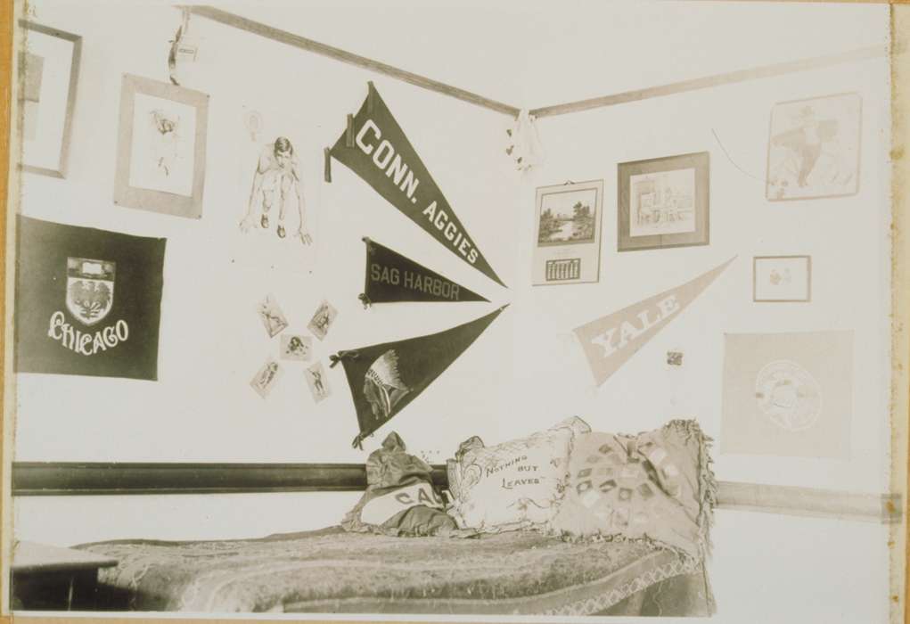 history of Iowa, pillow, university, Iowa History, Storrs, CT, Archives & Special Collections, University of Connecticut Library, Iowa, dorm room, bed
