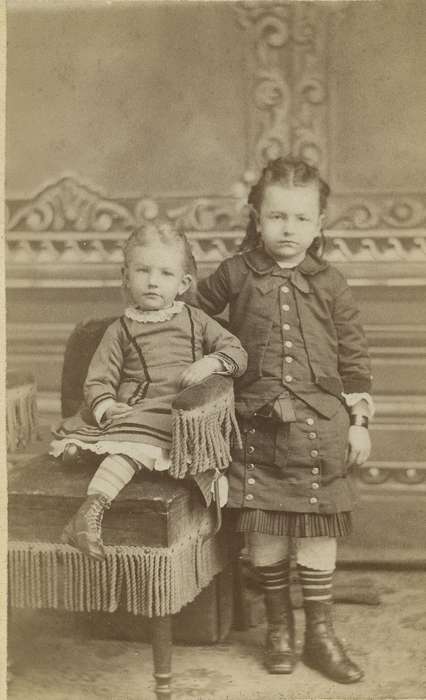 painted backdrop, carte de visite, Newton, IA, sisters, high buttoned shoes, history of Iowa, Iowa, Children, Iowa History, petticoat, children, correct date needed, pantaloons, Olsson, Ann and Jons