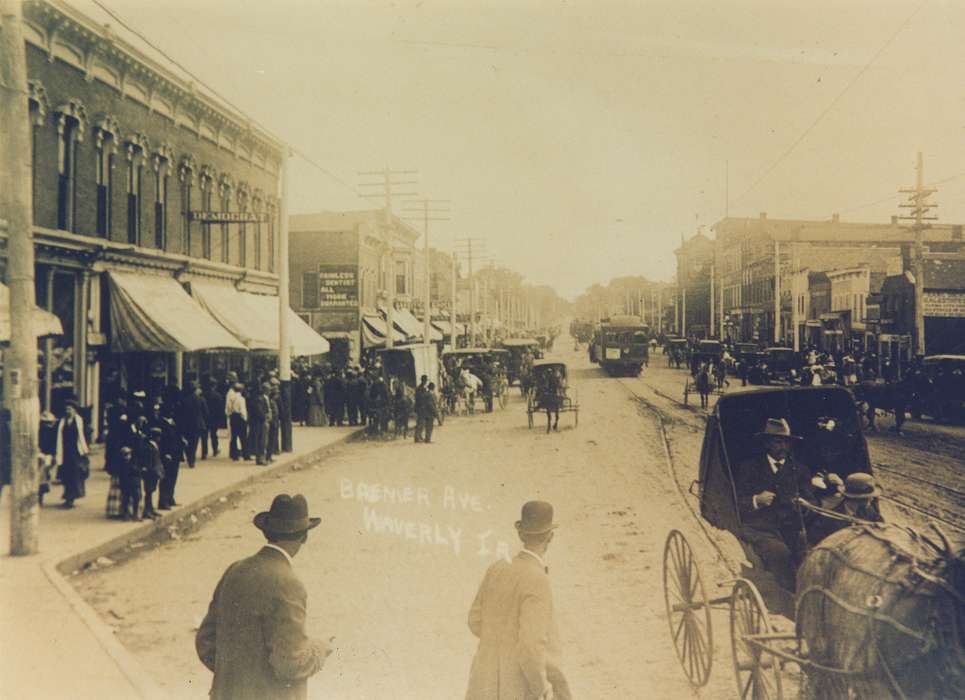 Cities and Towns, main street, Businesses and Factories, Waverly Public Library, Iowa History, dirt road, horse and buggy, Iowa, cable car, history of Iowa, Main Streets & Town Squares, horse