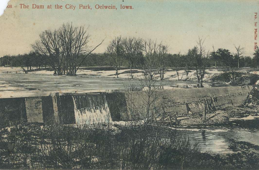city park, dam, Iowa History, postcard, river, Leisure, Shaulis, Gary, snow, Iowa, history of Iowa, Outdoor Recreation