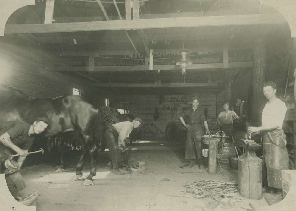 Labor and Occupations, correct date needed, Businesses and Factories, Cities and Towns, horseshoe, anvil, horse, Portraits - Group, Farming Equipment, Coon Rapids Enterprise, forge