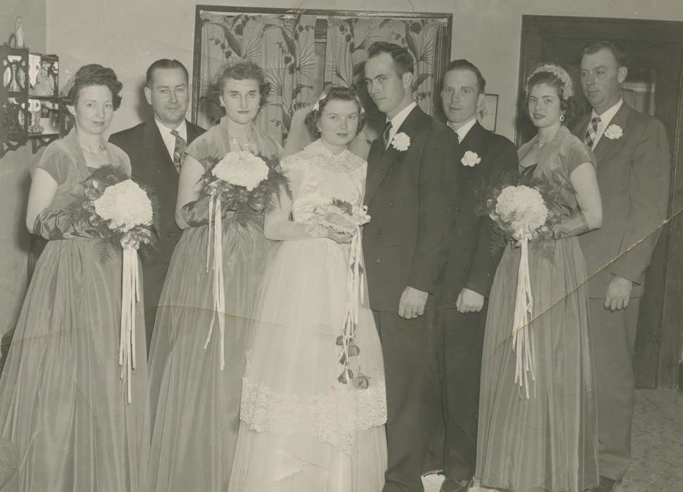 bouquet, wedding dress, Weddings, bridesmaid, Iowa History, Fonda, IA, bride, Portraits - Group, groom, Owens, Tricia, Iowa, tuxedo, groomsmen, history of Iowa