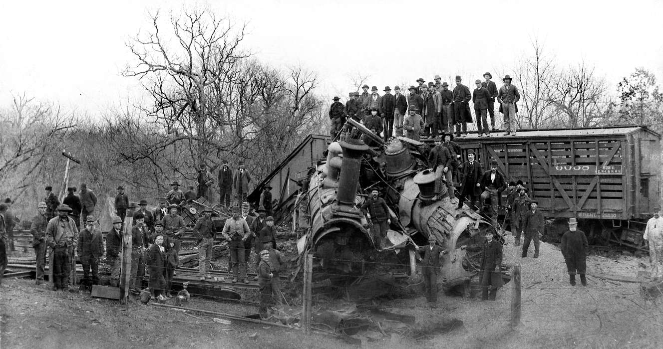 Wrecks, train, Iowa History, Portraits - Group, crash, Ottumwa, IA, Iowa, Lemberger, LeAnn, steam engine, history of Iowa