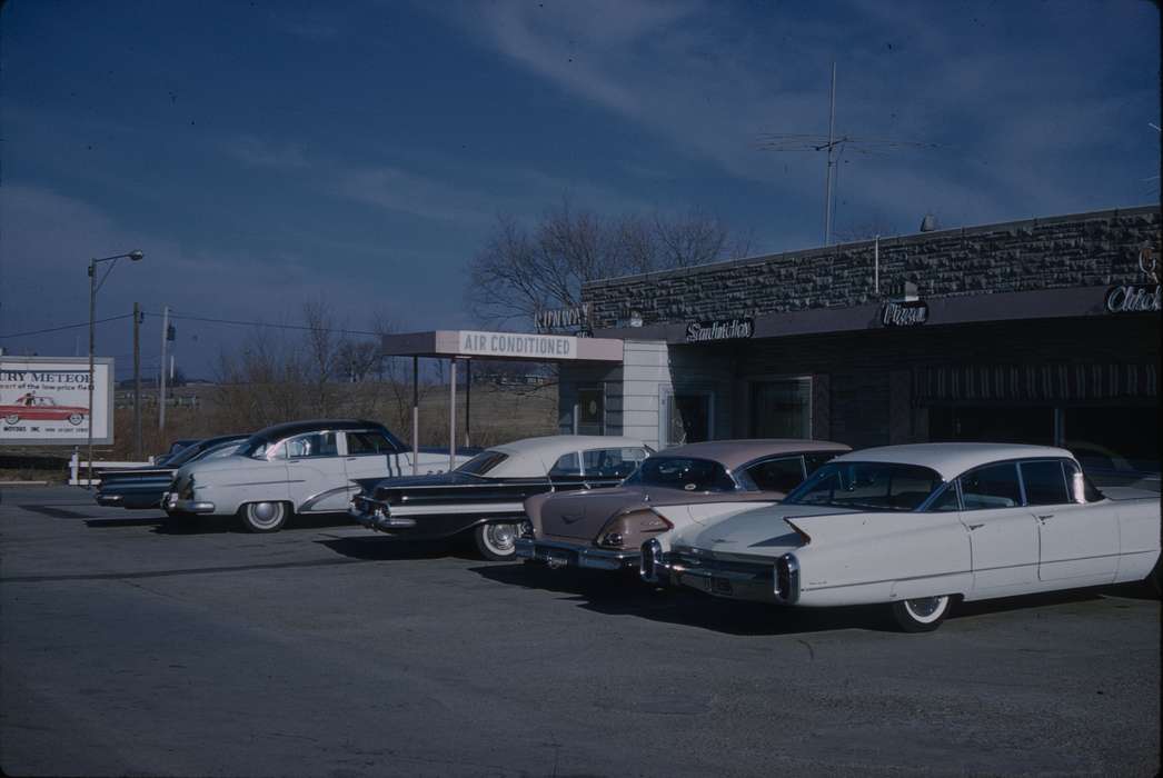 Businesses and Factories, Iowa, Campopiano Von Klimo, Melinda, restaurant, air conditioned, Motorized Vehicles, Iowa History, chevrolet, history of Iowa, Des Moines, IA, cadillac, white wall tire