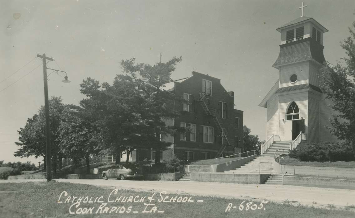 stairs, Motorized Vehicles, Religious Structures, correct date needed, car, cross, power line, Coon Rapids Enterprise, Cities and Towns, Schools and Education, Main Streets & Town Squares