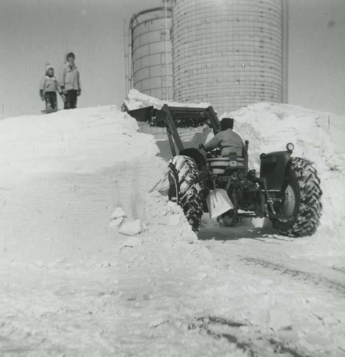 snow, silo, Iowa, Children, Grundy County, IA, Iowa History, Vauthier, Elizabeth, Winter, Farms, Farming Equipment, Portraits - Group, tractor, history of Iowa
