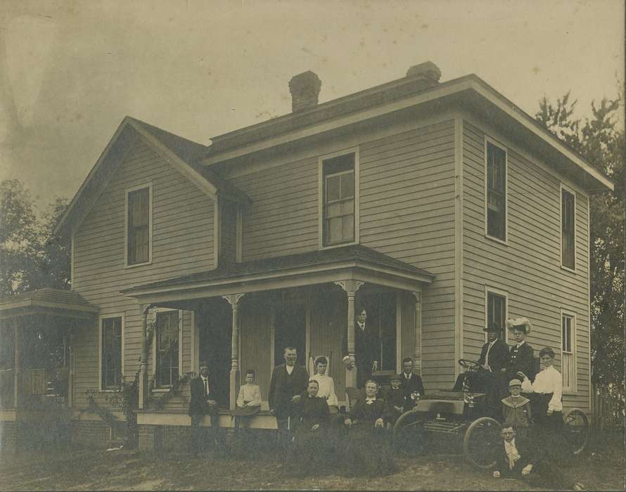 Farms, Meyers, Peggy, Portraits - Group, porch, car, suit, West Liberty, IA, Iowa History, front porch, correct date needed, history of Iowa, Motorized Vehicles, house, dress, Families, Iowa