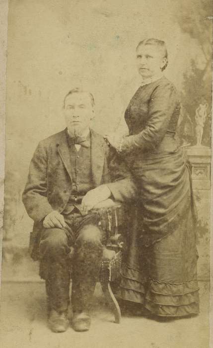 couple, carte de visite, Iowa History, painted backdrop, lace collar, history of Iowa, Portraits - Group, Olsson, Ann and Jons, Gladbrook, IA, beard, brooch, woman, Families, frock coat, man, bow tie, correct date needed, Iowa, vest