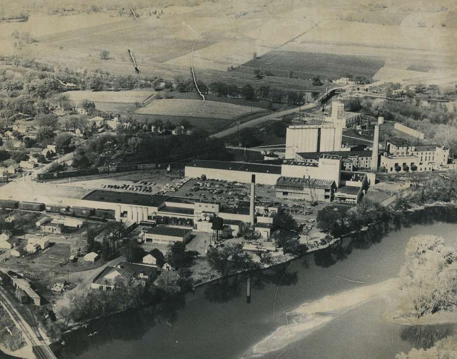 Cities and Towns, Landscapes, Businesses and Factories, correct date needed, Waverly Public Library, carnation, river, Iowa History, Lakes, Rivers, and Streams, Iowa, Aerial Shots, history of Iowa