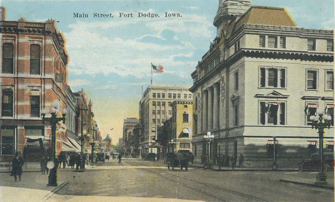 automobile, Main Streets & Town Squares, people, history of Iowa, Cities and Towns, Iowa, Iowa History, american flag, postcard, Businesses and Factories, Shaulis, Gary