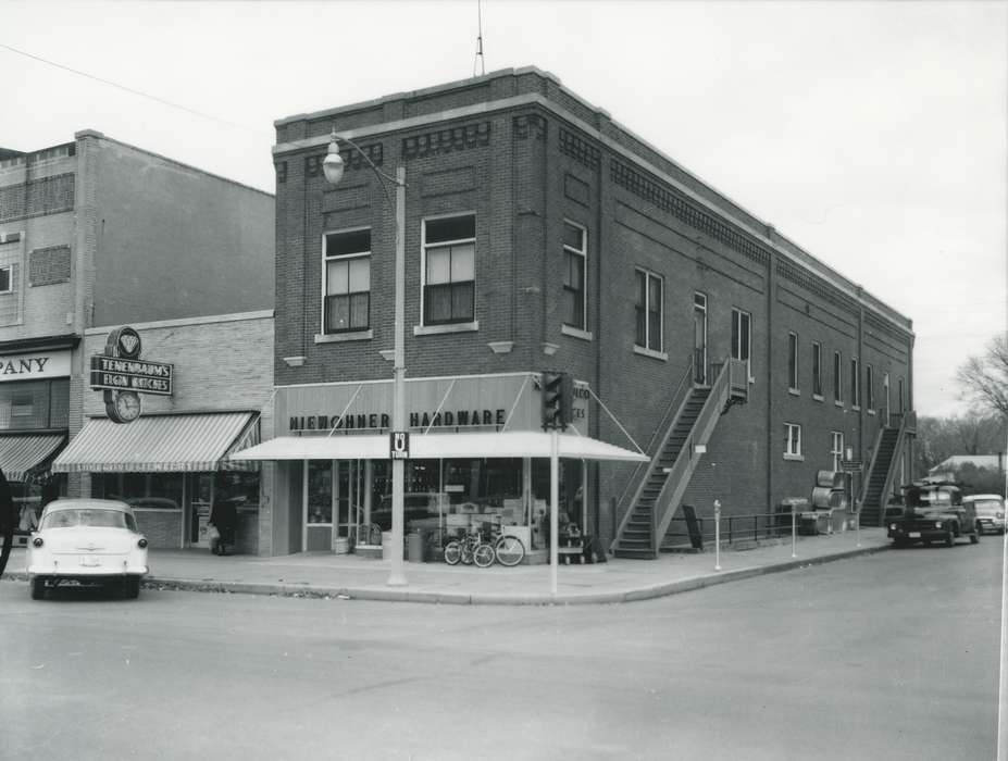 Businesses and Factories, Iowa History, Iowa, corner, stairs, Waverly Public Library, Main Streets & Town Squares, parking meter, Cities and Towns, bicycle, lightpost, history of Iowa, Motorized Vehicles