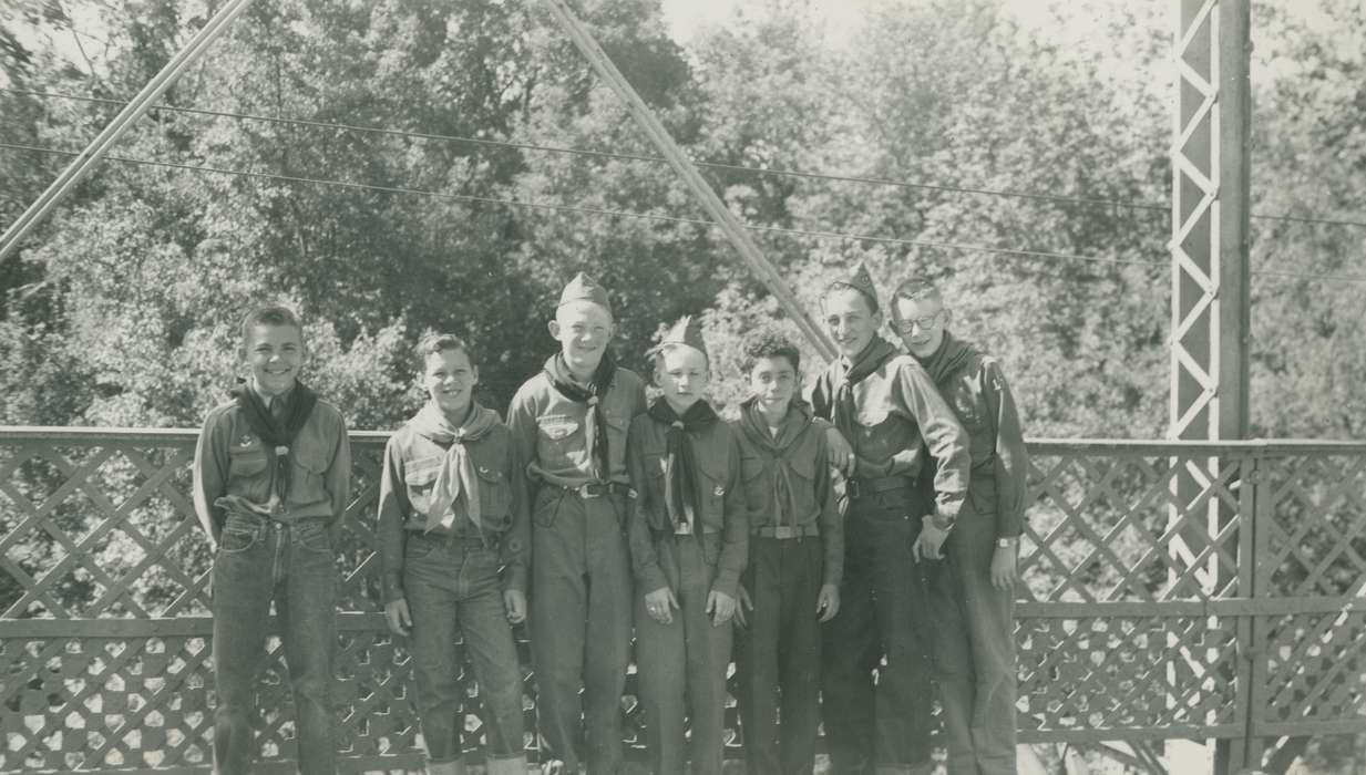 boy scouts, Outdoor Recreation, Civic Engagement, denim, Children, Iowa, McMurray, Doug, Portraits - Group, Iowa History, fence, history of Iowa, Webster City, IA, scarf
