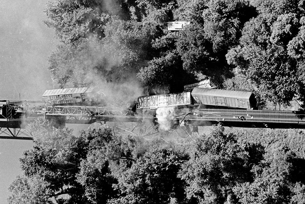 Travel, railroad, Lemberger, LeAnn, bridge, Lakes, Rivers, and Streams, Iowa, Aerial Shots, history of Iowa, rail car, Milwaukee, WI, accident, Iowa History, Wrecks