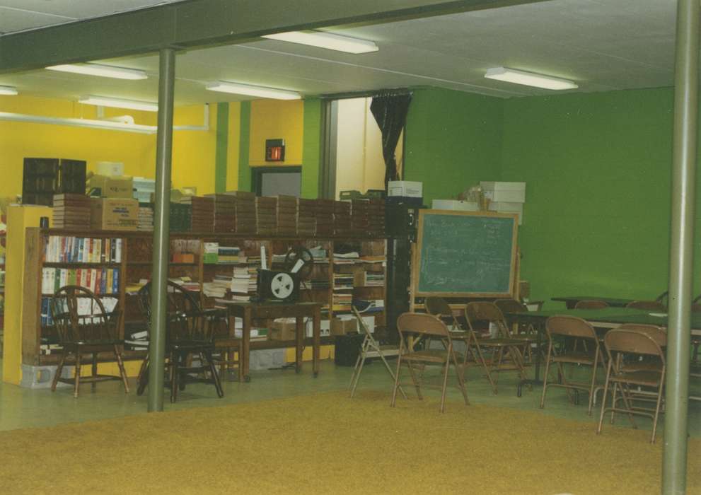 Waverly Public Library, table and chairs, chalkboard, Iowa, bookshelf, Iowa History, Leisure, history of Iowa, film projector, books