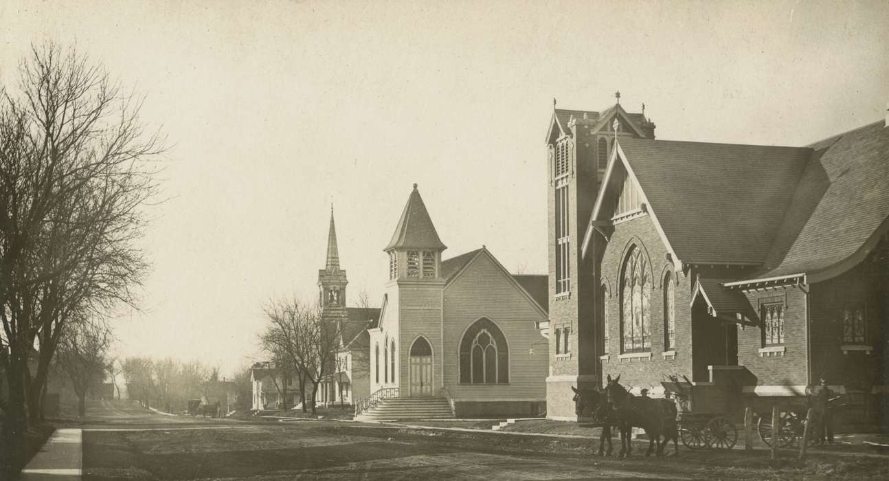 church, horse, Iowa, Main Streets & Town Squares, Iowa History, road, Cook, Mavis, Cities and Towns, street, Hubbard, IA, history of Iowa, Religious Structures, Animals