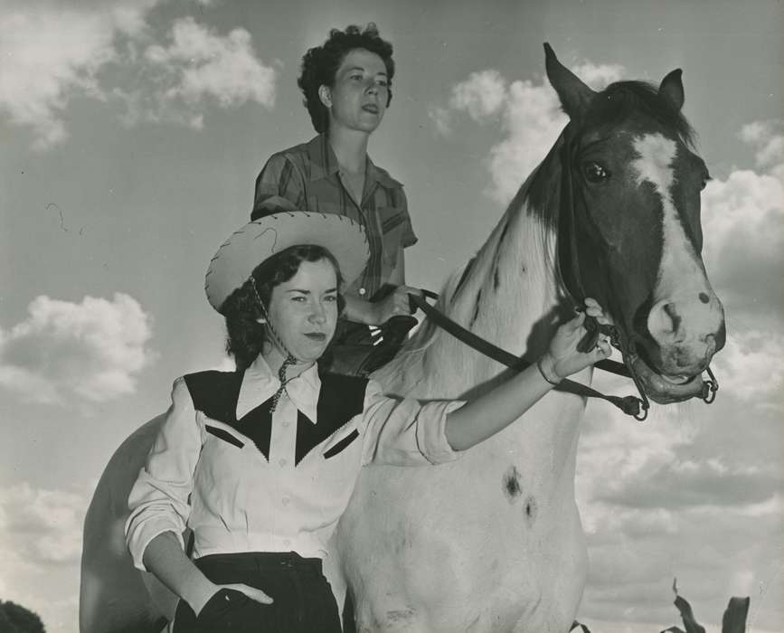 Portraits - Group, cowboy hat, cloud, Iowa History, history of Iowa, Fink-Bowman, Janna, Iowa, cowgirl, horse, Animals, West Union, IA, costume