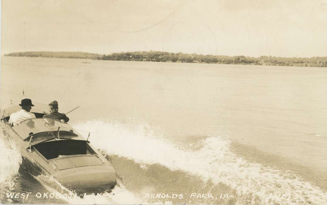 lake, man, Lakes, Rivers, and Streams, Iowa History, postcard, Leisure, Shaulis, Gary, boat, Iowa, history of Iowa, Outdoor Recreation
