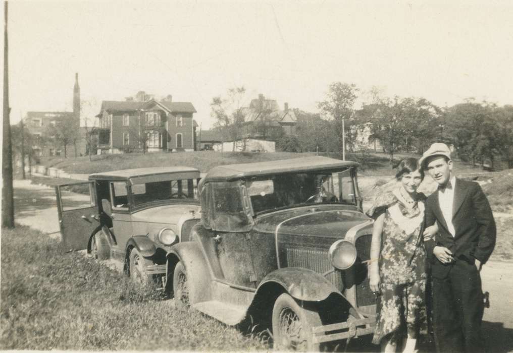 Portraits - Group, Families, Keokuk, history, Photos, houses in the distance, church, suit, Iowa, IA, hat, dress, Cities and Towns, couple, Motorized Vehicles, Fallon, Pat, Travel, United States, ia, car, Webster, historic