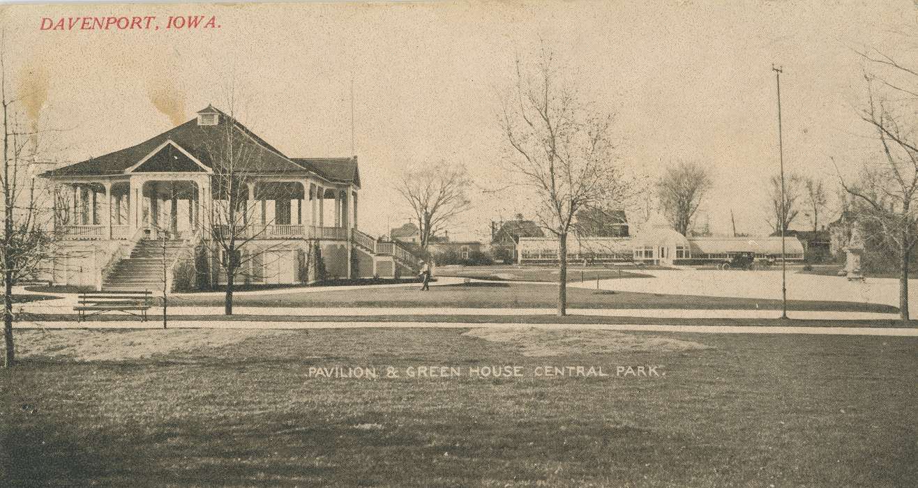 pavilion, Leisure, city park, Iowa, Shaulis, Gary, postcard, Iowa History, history of Iowa, greenhouse