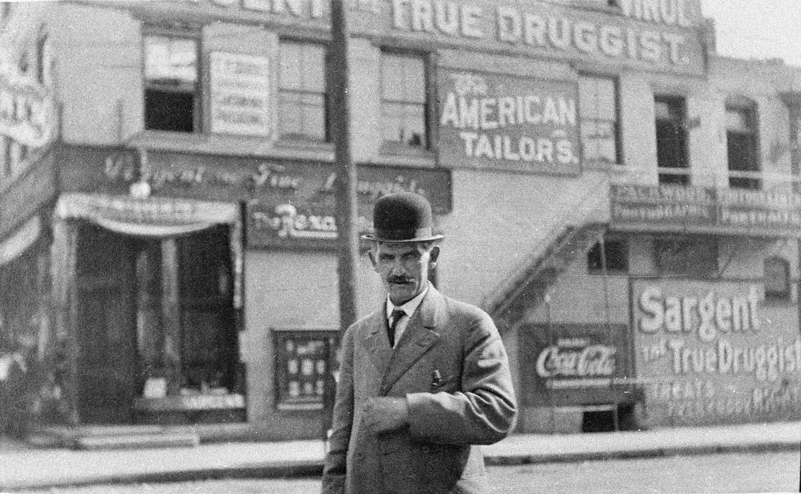 Main Streets & Town Squares, advertisement, Lemberger, LeAnn, Ottumwa, IA, hat, bowler hat, Cities and Towns, Portraits - Individual, history of Iowa, Iowa, Iowa History, Businesses and Factories, drugstore