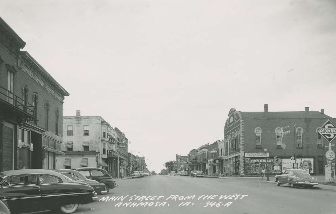 Main Streets & Town Squares, Hatcher, Cecilia, Cities and Towns, car, store, Anamosa, IA, Iowa, Iowa History, Motorized Vehicles, history of Iowa