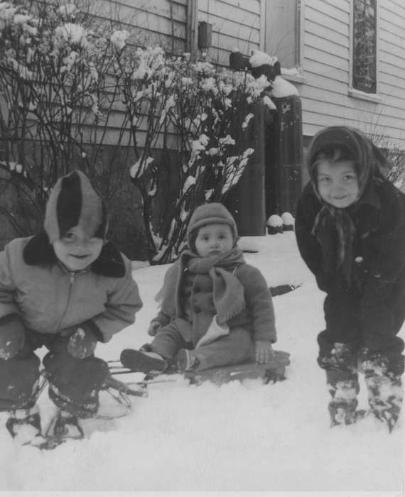 siblings, Cigrand, Mariann, Winter, Children, Iowa History, Cascade, IA, Portraits - Group, snow, Iowa, history of Iowa, sled, Outdoor Recreation