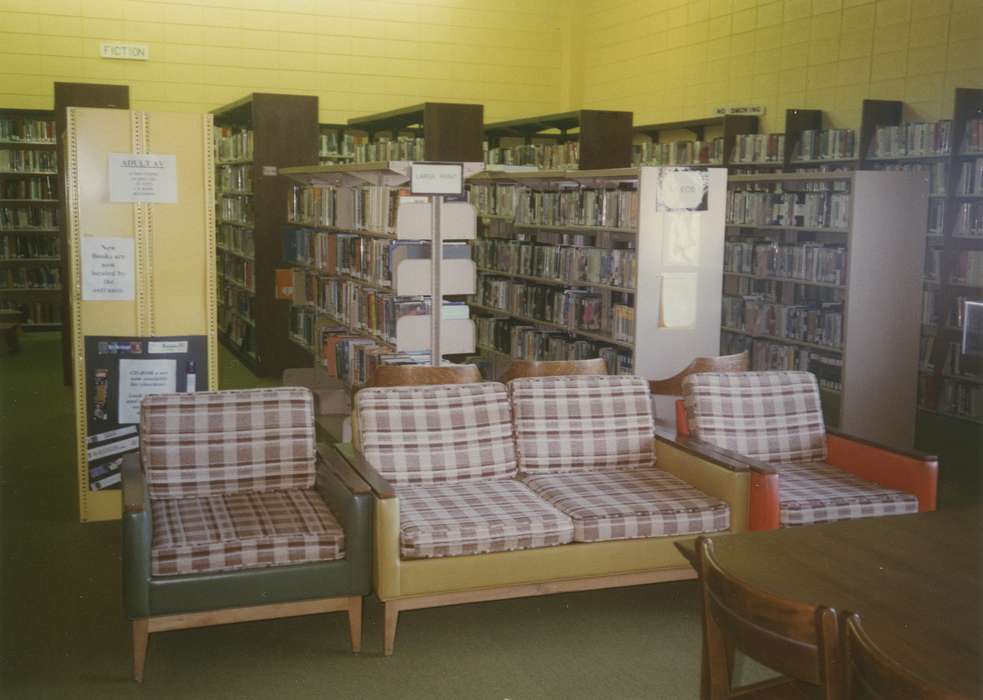 books, furniture with cushions, bookshelf, Waverly Public Library, Iowa History, Iowa, Leisure, history of Iowa