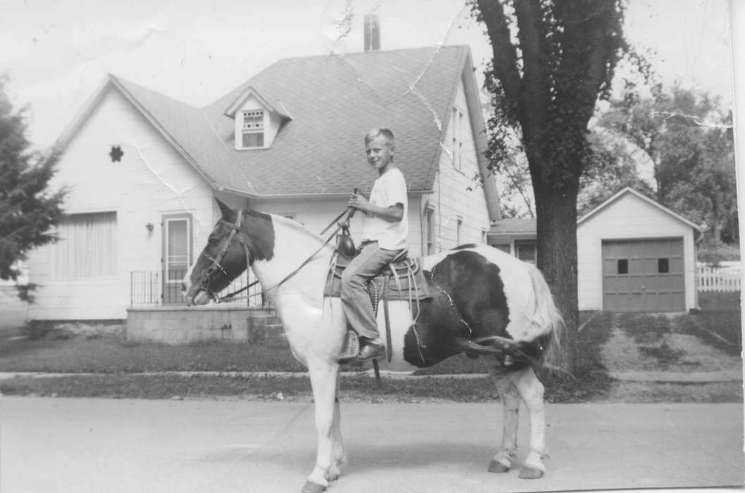 horse, Portraits - Individual, Children, Cascade, IA, Iowa History, Animals, Iowa, Cigrand, Mariann, history of Iowa, garage
