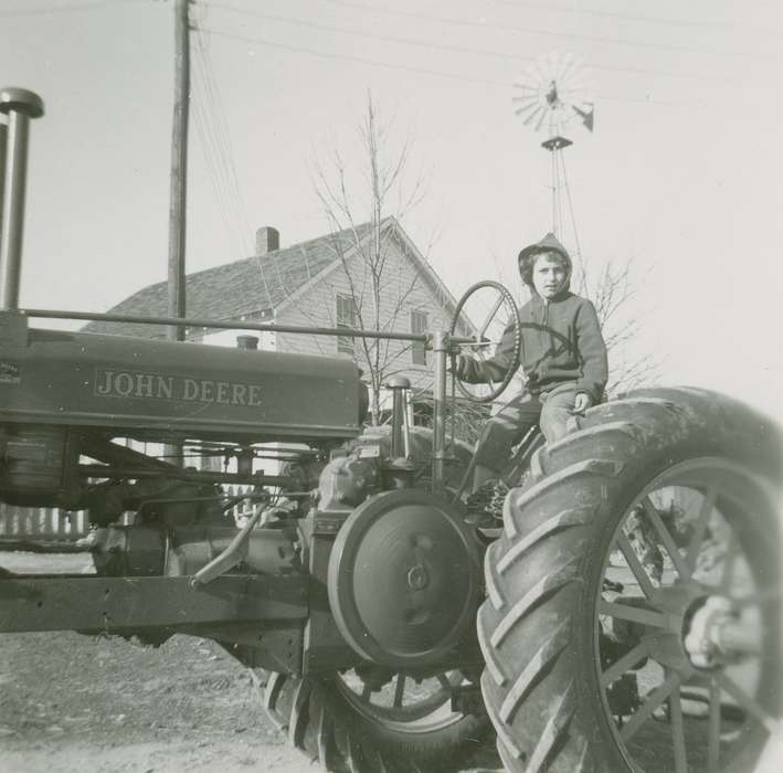 Farming Equipment, tractor, Children, john deere, jacket, Dubuque County, IA, windmill, Iowa, Families, Fredericks, Robert, Iowa History, history of Iowa, farm