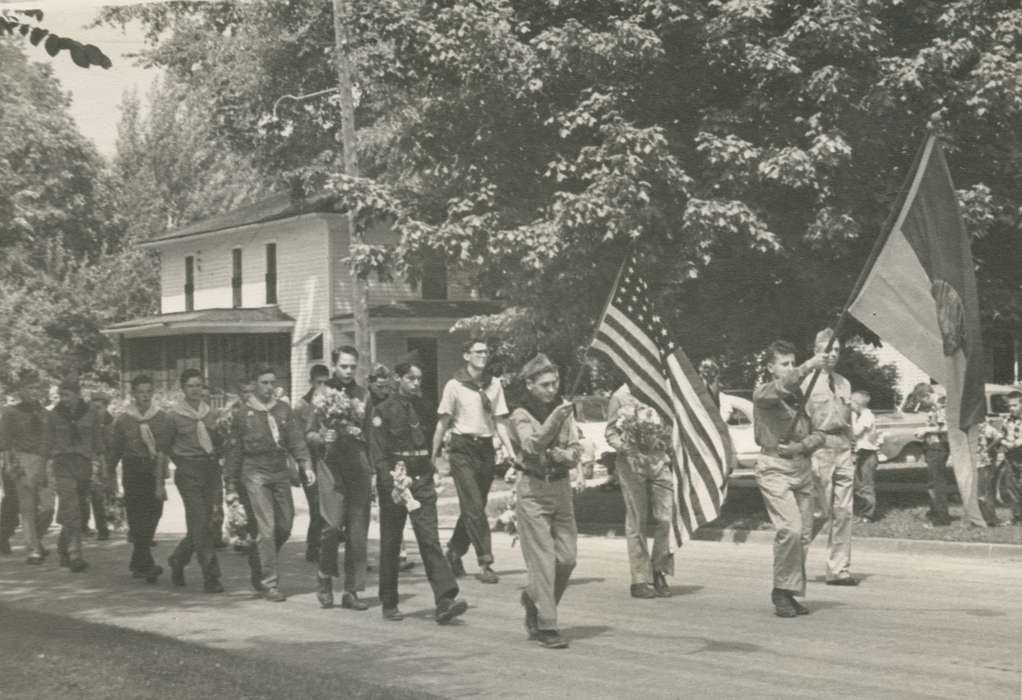 parade, Iowa, Webster City, IA, Portraits - Group, McMurray, Doug, Iowa History, history of Iowa, boy scout, Cities and Towns, Children, flag
