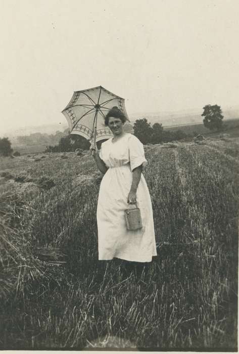 Farms, field, Iowa History, bucket, University of Northern Iowa Museum, Portraits - Individual, dress, Iowa, history of Iowa, IA, parasol, grass