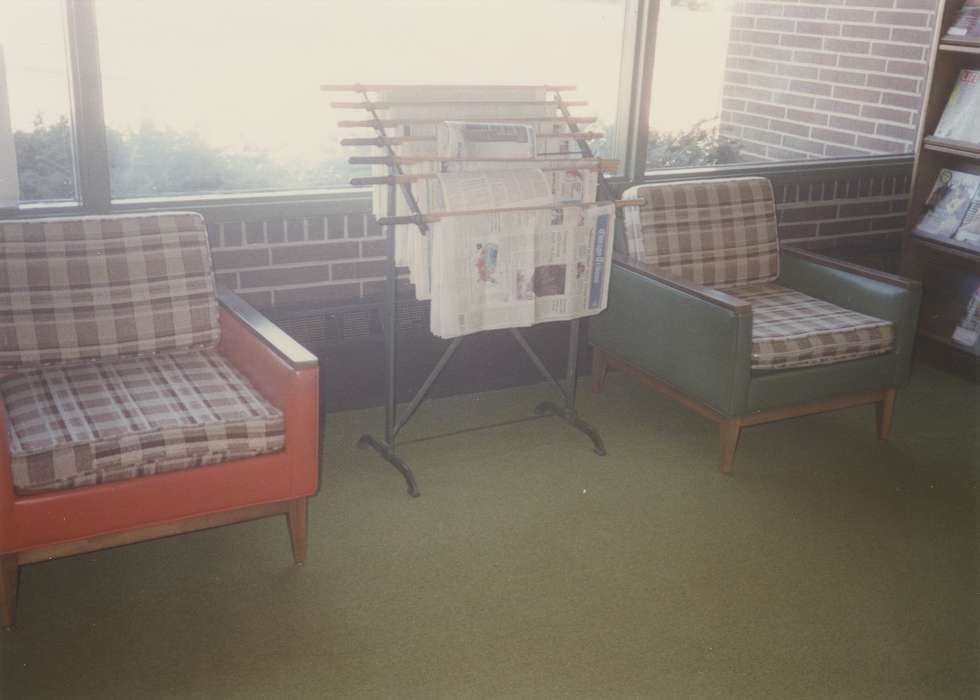 furniture with cushions, newspaper, newspaper rack, Waverly Public Library, Iowa History, Iowa, Leisure, history of Iowa