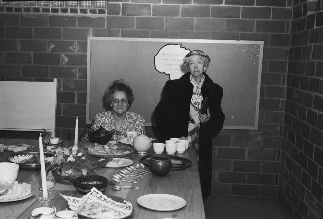 ia, tableware, candle, historic, Iowa, history, Religion, bulletin board, Portraits - Group, Coon Rapids Enterprise, United States, Religious Structures, IA, hat, coat, Coon Rapids, church, old woman, brick wall, Photos