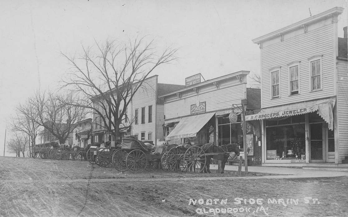 horses, horse and buggy, Iowa, Main Streets & Town Squares, Iowa History, carriage, jeweler, Gladbrook, IA, Reinhard, Lisa, Cities and Towns, history of Iowa