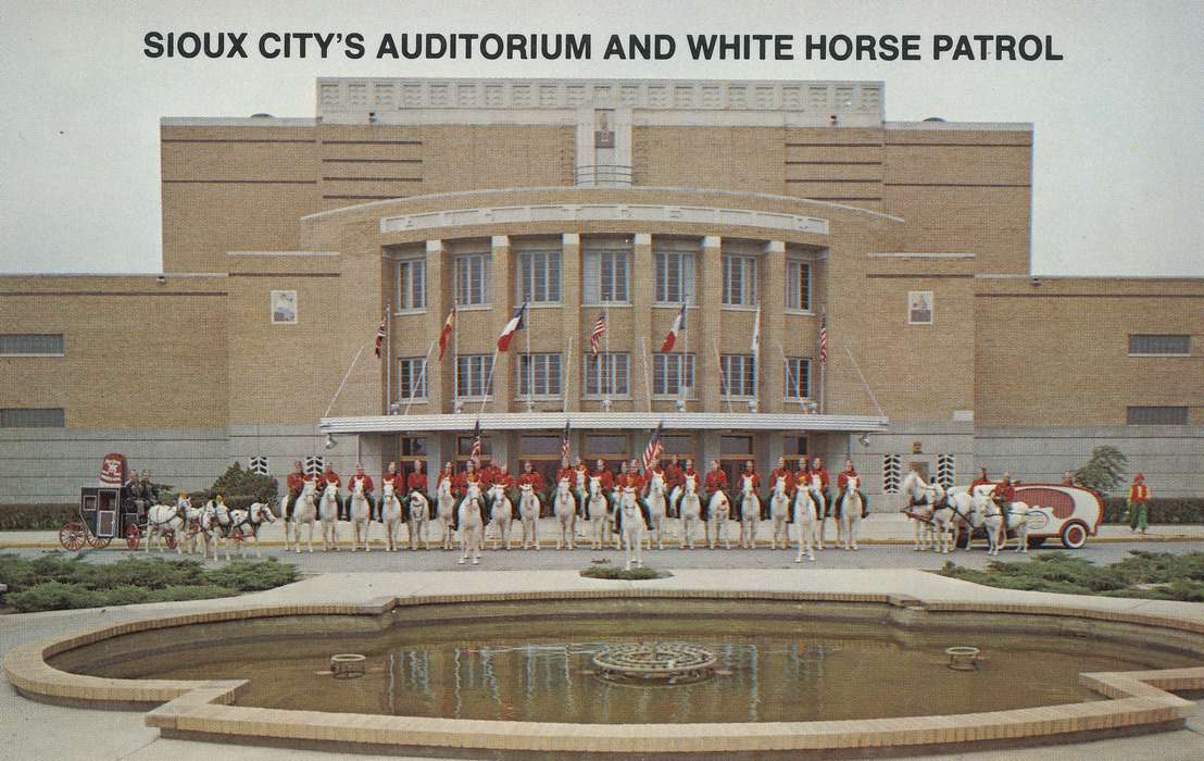 auditorium, history of Iowa, Outdoor Recreation, Iowa, Iowa History, american flag, Leisure, Portraits - Group, white horse patrol, postcard, flag, horse, Shaulis, Gary