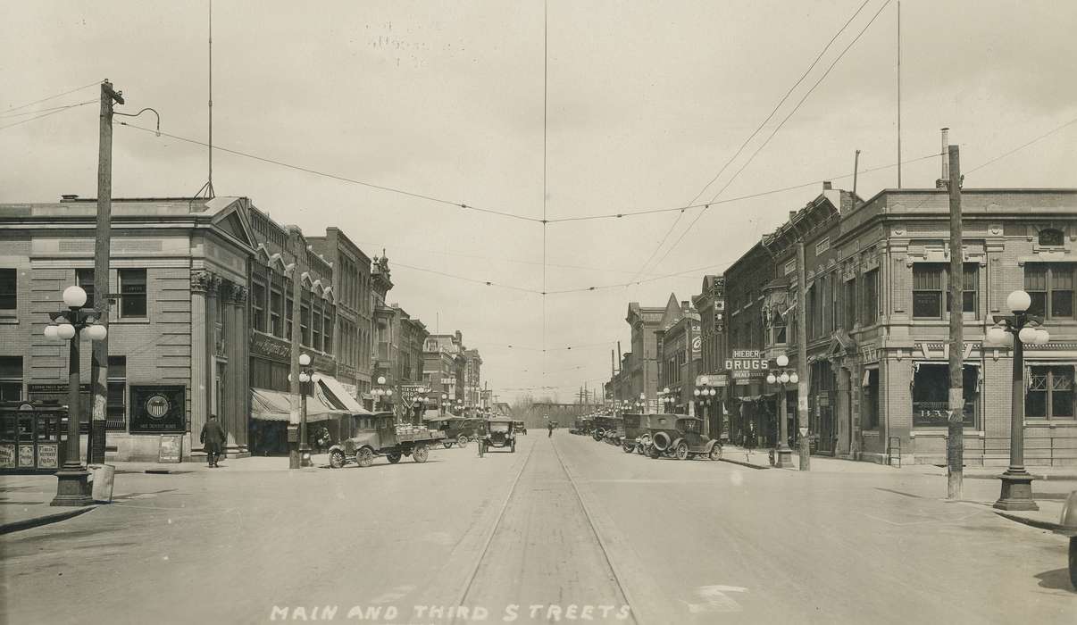 truck, bank, Iowa, Cedar Falls, car, United States, Businesses and Factories, storefront awning, Photos, signage, history, automobile, bridge, street lamp, IA, City of Cedar Falls, Black Hawk, historic, ia, brick building, Cities and Towns, Main Streets & Town Squares, trolley tracks, Motorized Vehicles