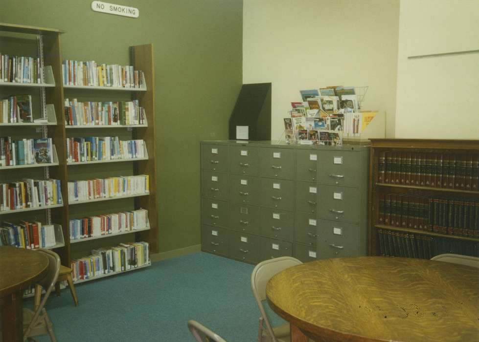 Leisure, Iowa, Waverly Public Library, table and chairs, bookshelf, Iowa History, history of Iowa, metal cabinets, books