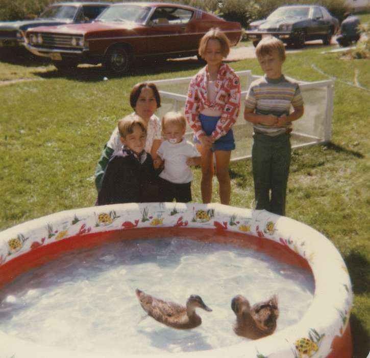 ducks, swimming pool, pool, car, Iowa History, Portraits - Group, Iowa, Wilson, Jane, Cedar Falls, IA, boy, girl, Families, Animals, history of Iowa