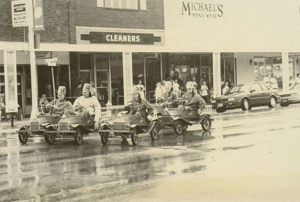 tin lizzie, parade, Waverly, IA, clothing store, Iowa, Waverly Public Library, crowd, car, Main Streets & Town Squares, Motorized Vehicles, Entertainment, Iowa History, history of Iowa, shriner, brick building, Businesses and Factories