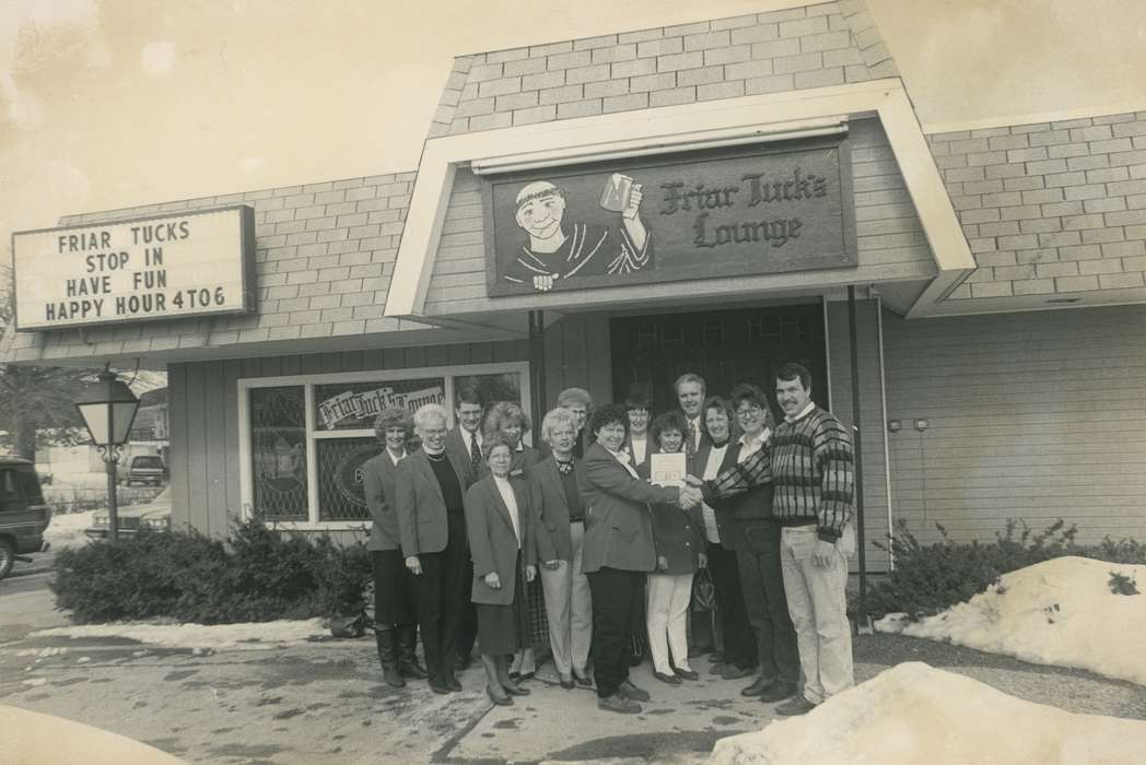 Winter, Businesses and Factories, Iowa History, Motorized Vehicles, history of Iowa, Waverly, IA, Portraits - Group, trucks, Iowa, snow, Waverly Public Library, restaurant