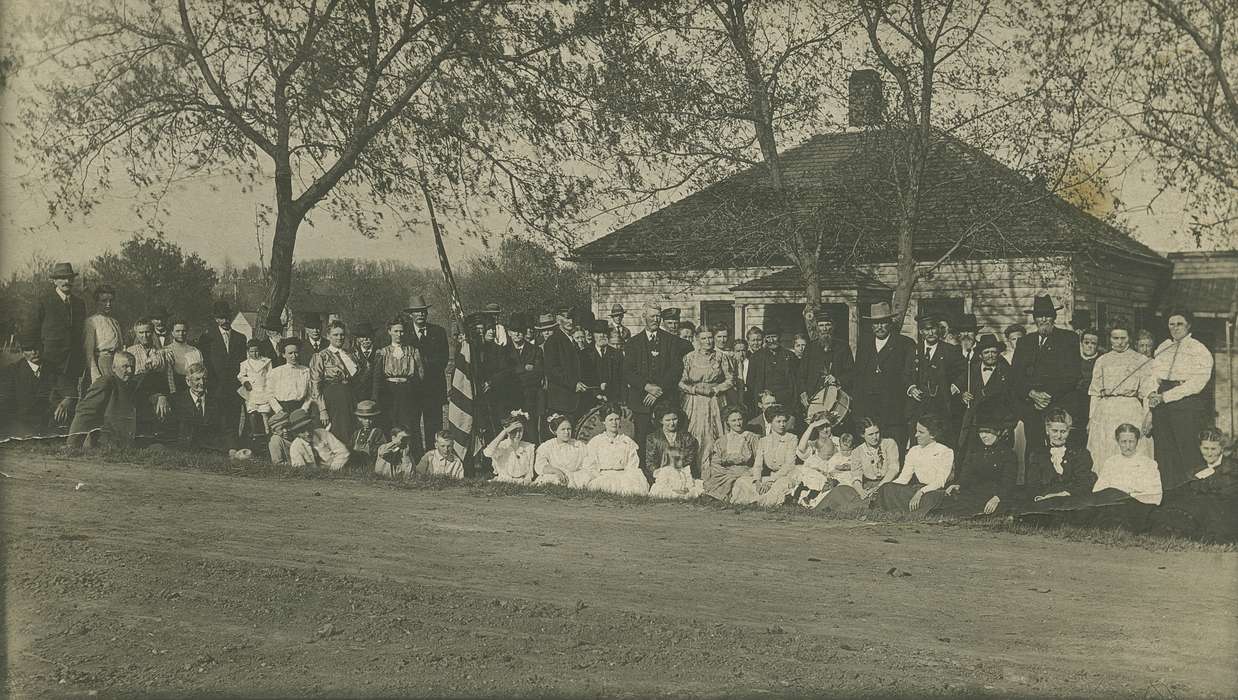 Families, Homes, flag, Coon Rapids Enterprise, Portraits - Group, dirt road, hair bow, Children, hat, Cities and Towns, correct date needed, Main Streets & Town Squares