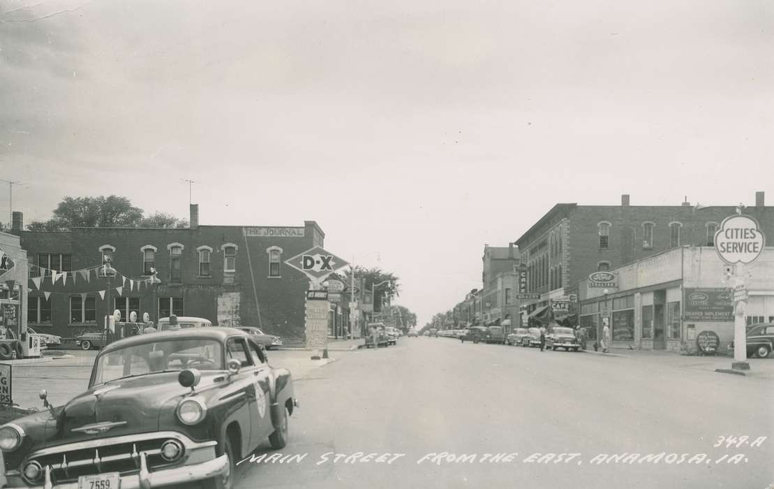 history of Iowa, Cities and Towns, car, Anamosa, IA, license plate, Hatcher, Cecilia, Iowa History, street, Iowa, downtown, Motorized Vehicles, Main Streets & Town Squares, gas station