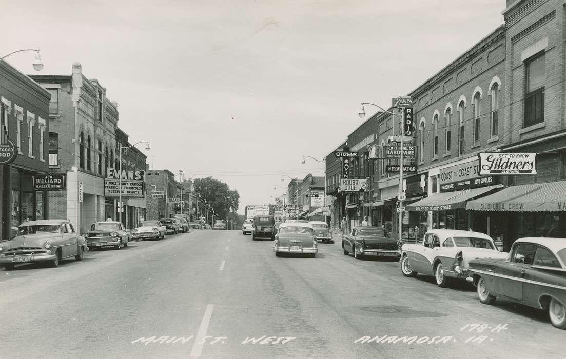 Iowa, Hatcher, Cecilia, car, Anamosa, IA, Main Streets & Town Squares, Motorized Vehicles, storefront, Iowa History, history of Iowa, sign, street light, Cities and Towns, mainstreet, automobile