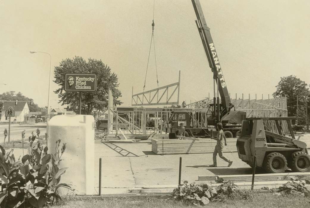 restaurant, Waverly Public Library, construction materials, Iowa History, construction crew, crane, history of Iowa, Businesses and Factories, Waverly, IA, Motorized Vehicles, Labor and Occupations, Iowa, forklift