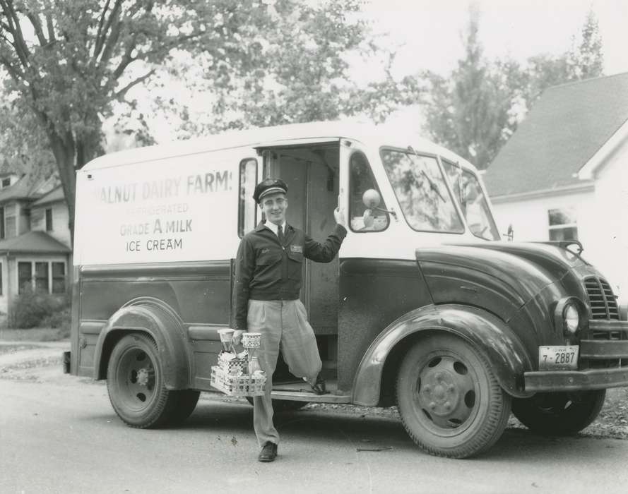 Waverly Public Library, Iowa, Iowa History, history of Iowa, milk truck, milk man, correct date needed, ice cream, Labor and Occupations, Portraits - Individual, IA
