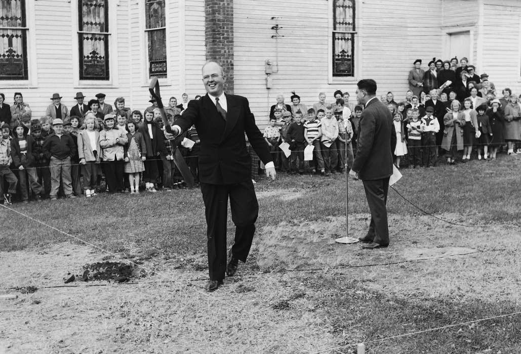 community, history, Photos, Children, suit, Iowa, man with suit,vest, IA, Cities and Towns, Civic Engagement, dig, stained glass, United States, ia, Main Streets & Town Squares, shovel, Coon Rapids Enterprise, historic, microphone, Coon Rapids