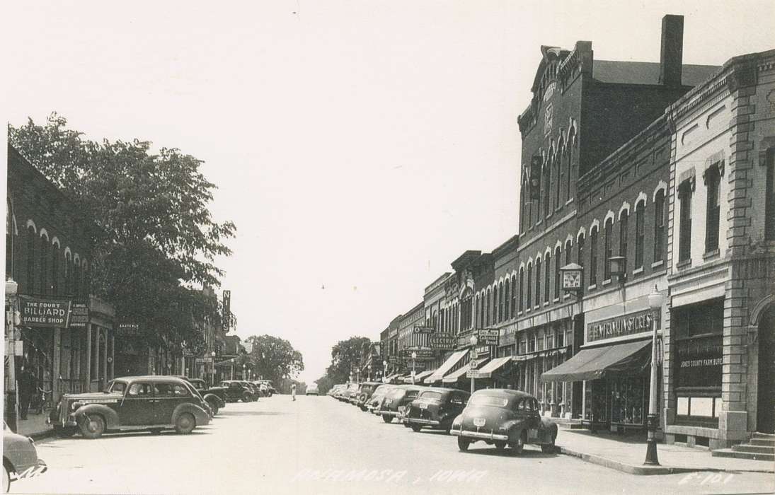 history of Iowa, Cities and Towns, storefront, car, Anamosa, IA, Businesses and Factories, veranda, Hatcher, Cecilia, Iowa History, Iowa, mainstreet, Motorized Vehicles, Main Streets & Town Squares